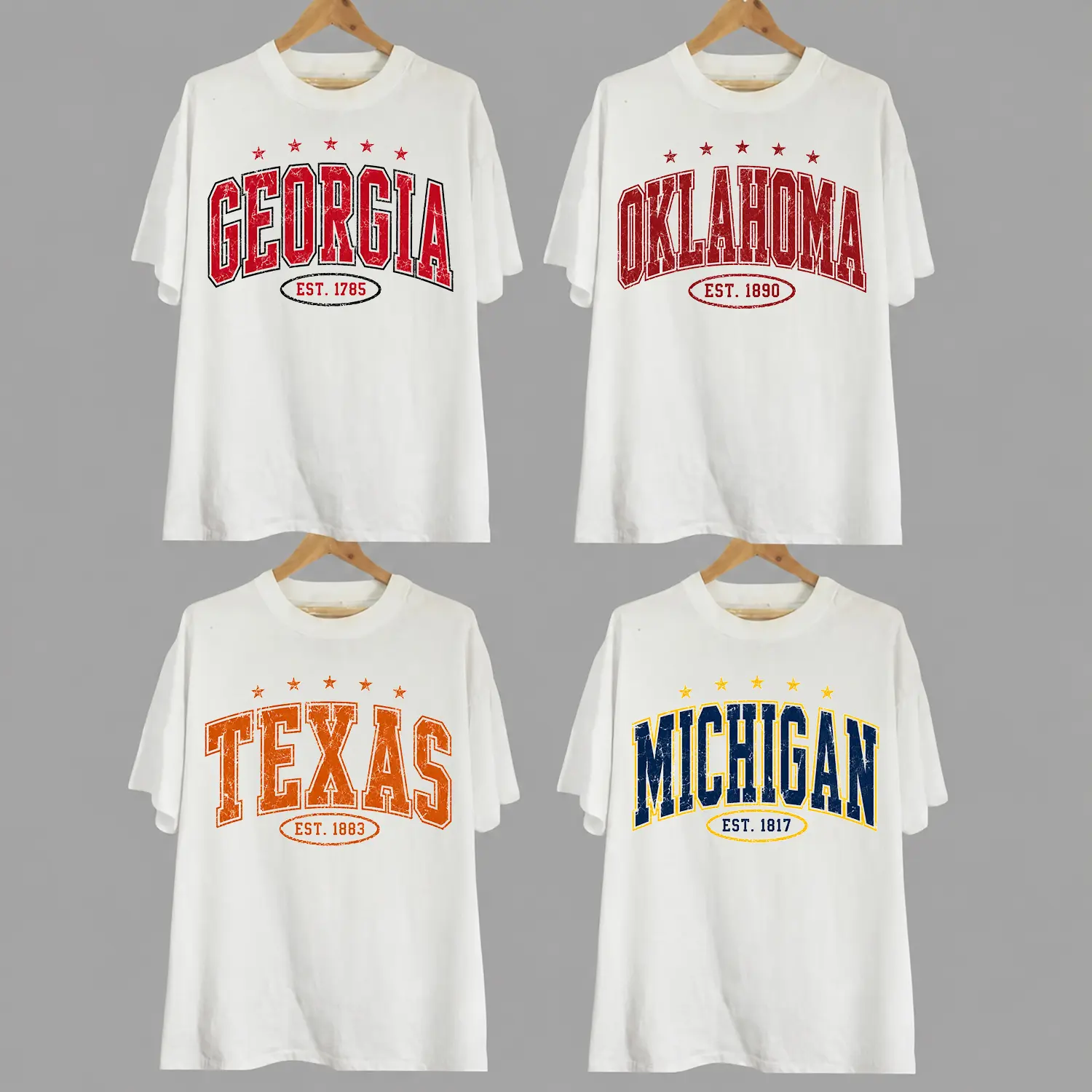 Vintage Varsity College Graphic Tee, Retro Distressed Arched State and University Name Est Year Print Game Day Classic White T-Shirt