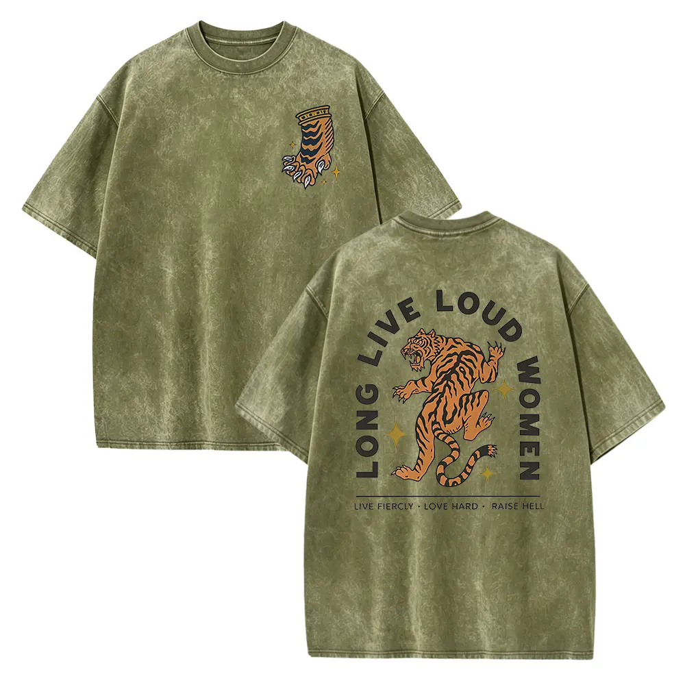 Long Live Loud Women Tiger Graphic Tee, Feminist Girl Power Empowerment Shirt, Vintage Boho Aesthetic Acid Washed Two-Sided Oversized T-Shirt