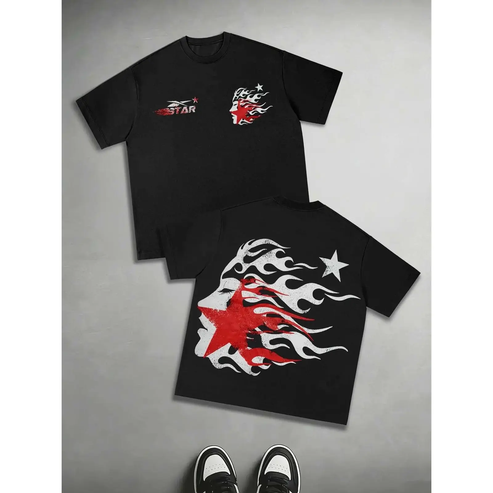 Red Star Flame Hair Face Y2K Rock Vintage Graphic Tee, Front and Back Print Grunge Fashion Streetwear Fitted Unisex Cotton T-Shirt