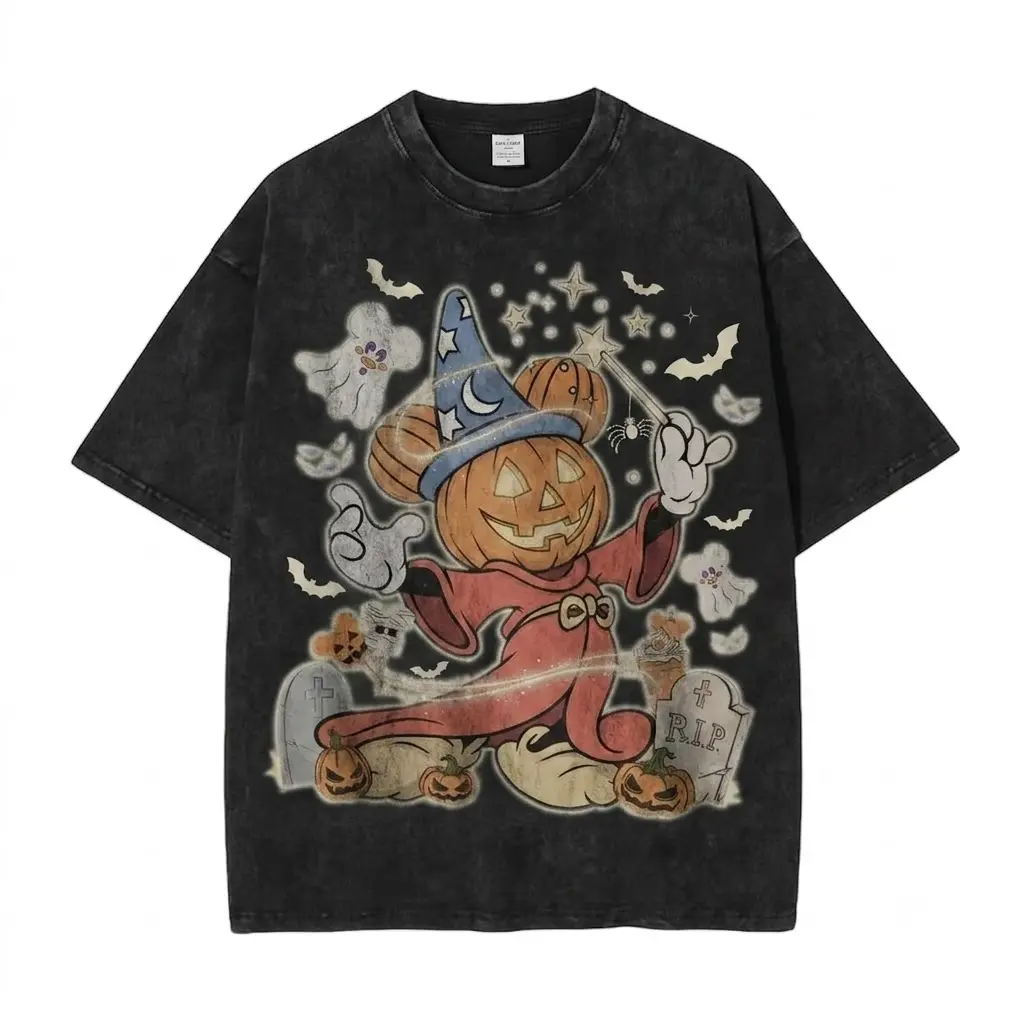 Halloween Sorcerer Pumpkin Head Mouse Graphic Tee, Spooky Cute Retro Dark Cartoon Print, Vintage Acid Wash Oversized Baggy Fit T-Shirt