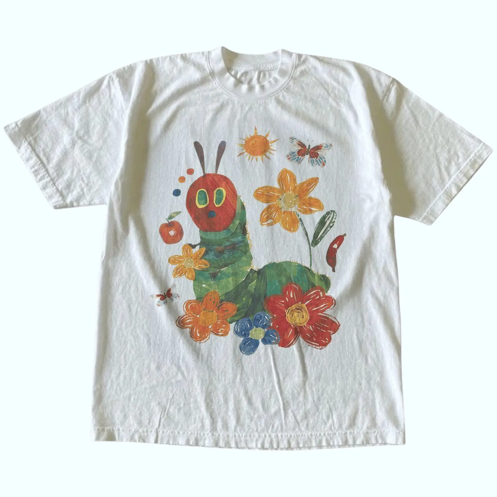 Vintage Flowers and Caterpillar Teacher Graphic Tee, Cute Storybook Insect Floral Preschool Elementary Teacher Shirt, Unisex Gildan T-Shirt