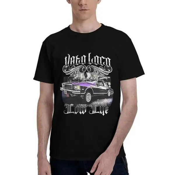 Vato Loco Low Life Chicano Lowrider Car Graphic Tee, Old School Cholo Art Print Streetwear Men's Relaxed Fit Cotton Crew Neck T-Shirt