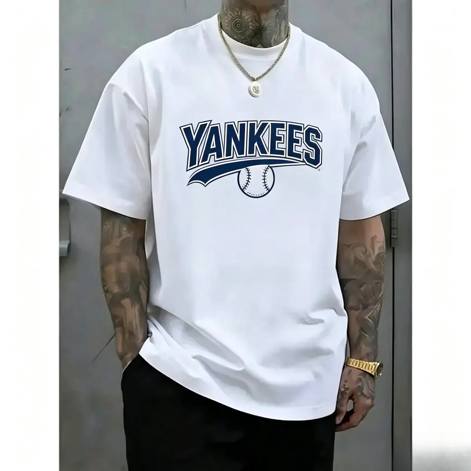NY Yankees Retro Baseball Script Graphic Tee, Timeless Yankees Wordmark Print Oversized Fit Men's Streetwear Casual Crew Neck T-Shirt