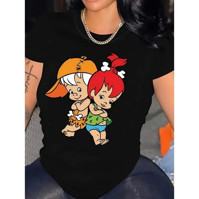Pebbles and Bamm-Bamm Flintstones Cute Cartoon Graphic Tee, Retro Streetwear Boxy Unisex Black Cotton Short Sleeve T-Shirt for Women