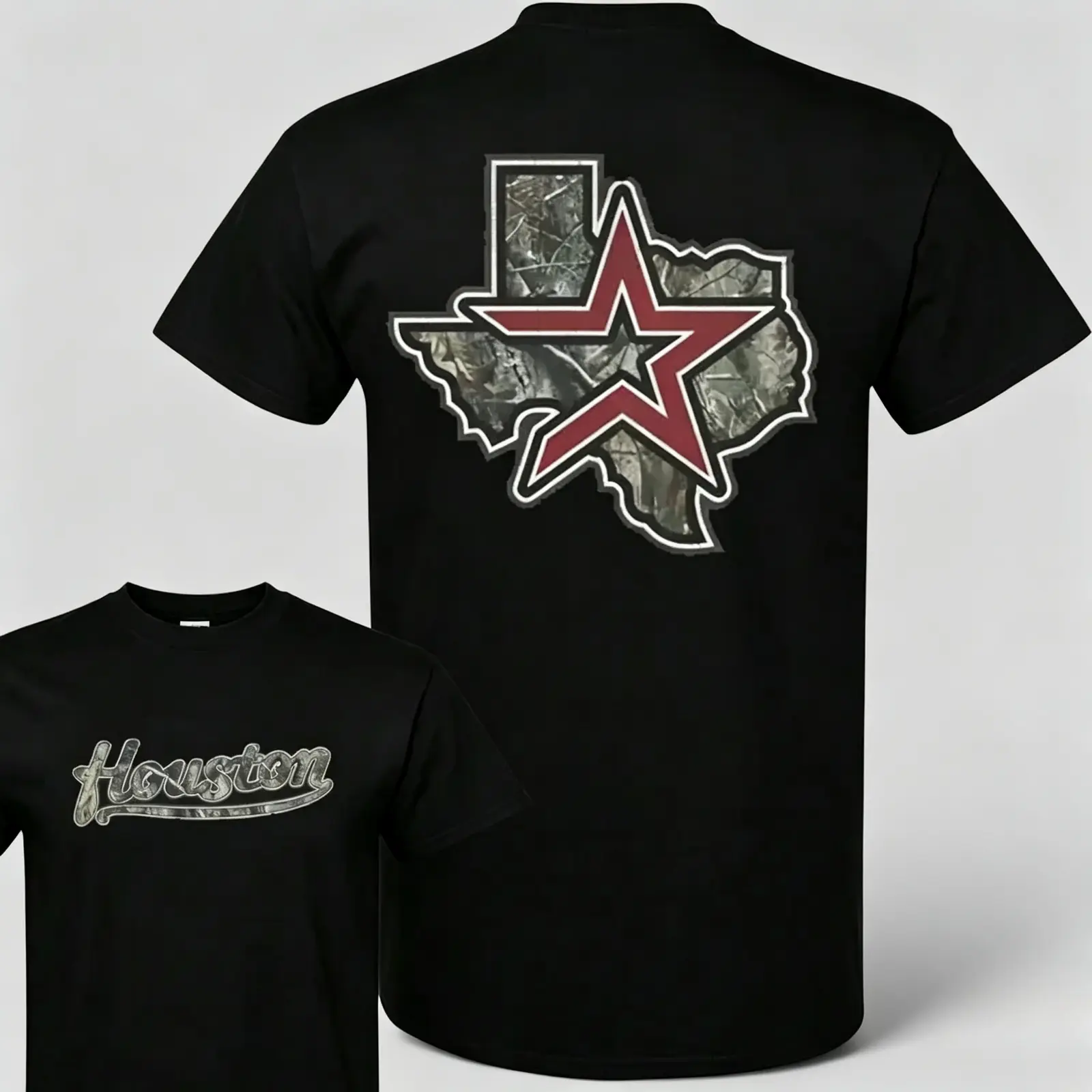 Vintage Houston Texas Camo Star Graphic Tee, Hometown Pride Double-Sided Print Streetwear Heavyweight Unisex Cotton Short Sleeve T-Shirt