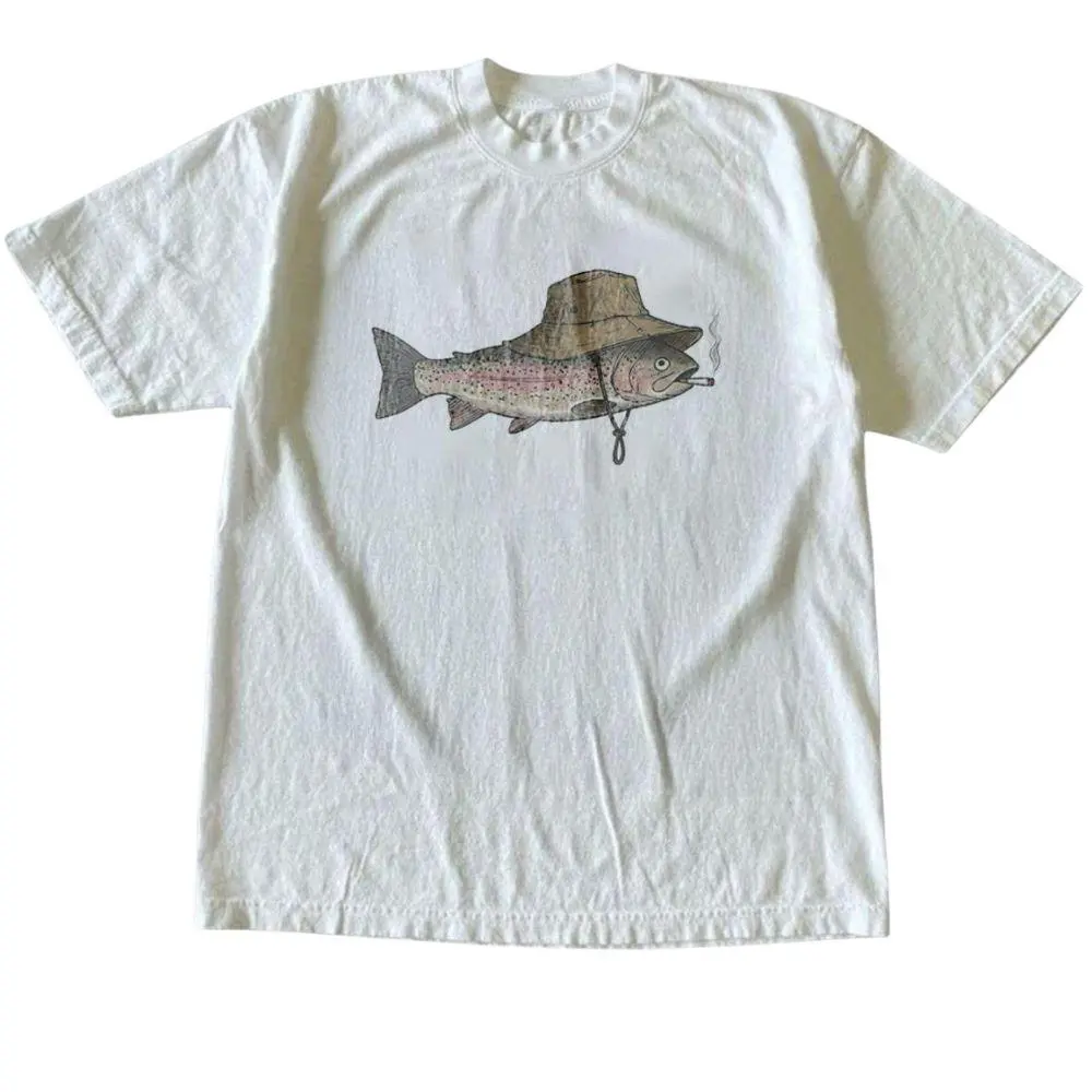 Smoking Trout Fishing Vintage Graphic Tee, Funny Fish With Cigarette Retro Angler Humor Streetwear Unisex Cotton Short Sleeve T-Shirt