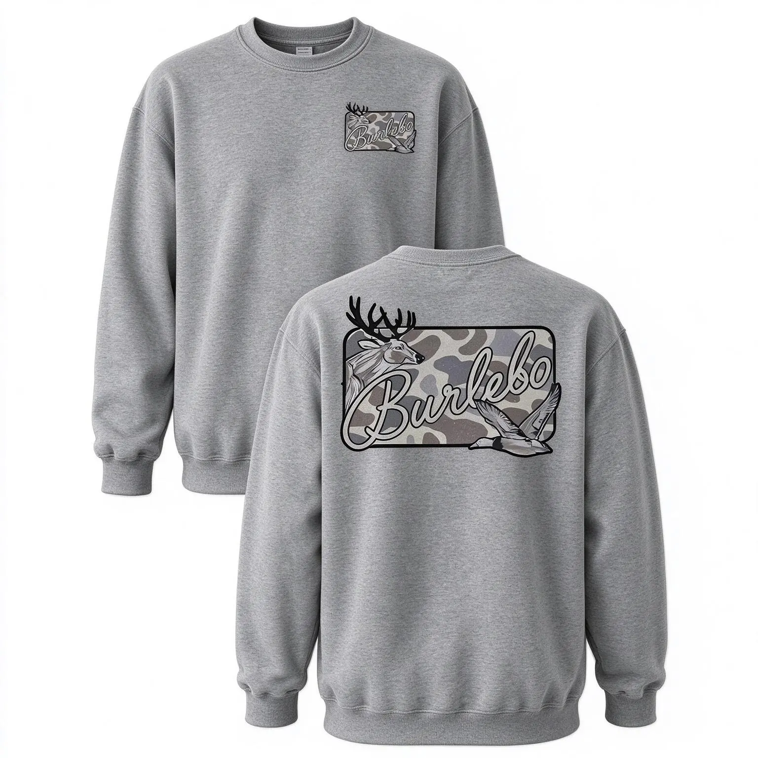 Burlebo Deer and Mallard Duck Camo Hunting Graphic Tee, Vintage Washed Double-Sided Southern Outdoor T-Shirt, Sweatshirt and Hoodie