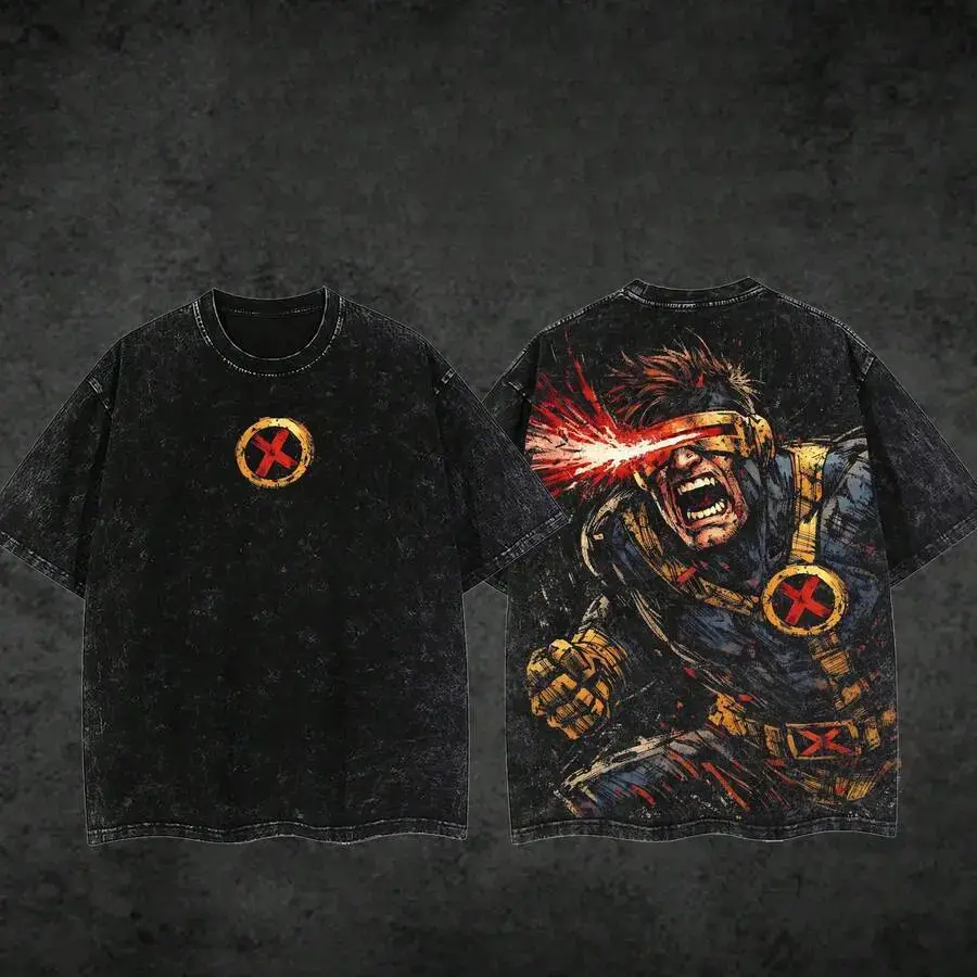 Cyclops Mutant Hero Laser Eye Vintage Acid Washed Graphic Tee, Retro Comic Art Double-Sided Y2K Grunge Heavyweight Oversized T-Shirt