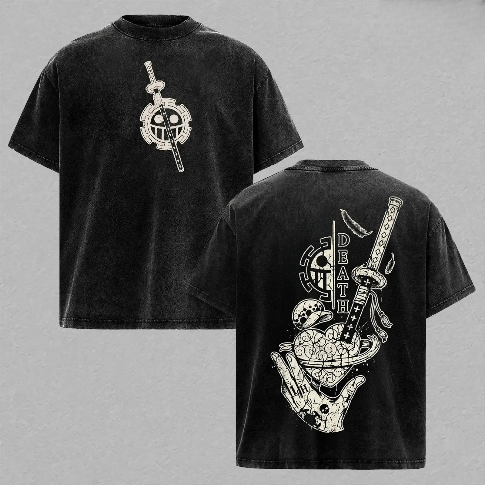 Trafalgar Law One Piece Surgeon of Death Heart Pirates Anime Tee, Vintage Washed Oversized Graphic T-Shirt, Manga Front and Back Streetwear