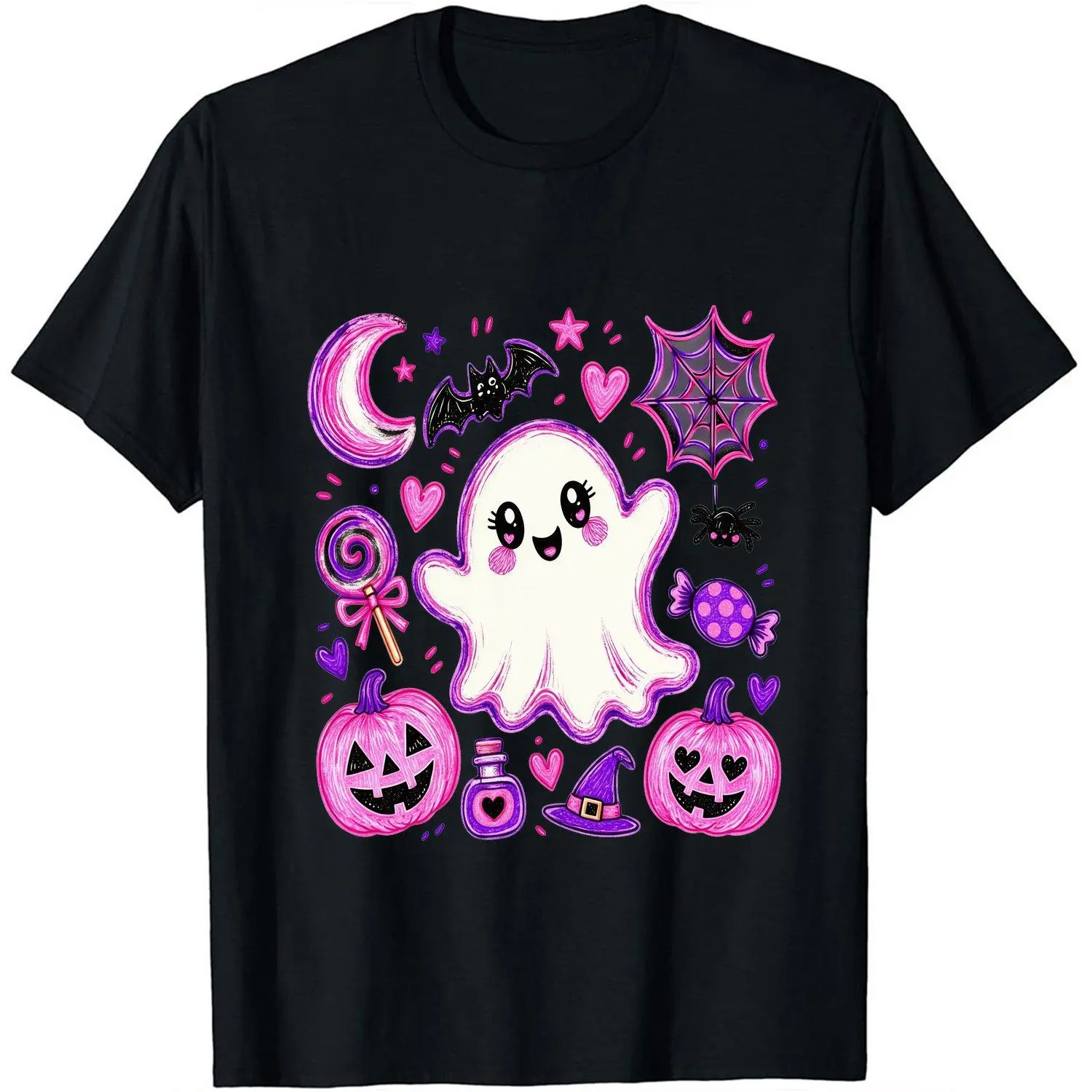 Cute Ghost Halloween Graphic Tee, Pink Pumpkin Bat Spider Web Candy Spooky Season Print Women's Relaxed Fit Streetwear Crew Neck T-Shirt