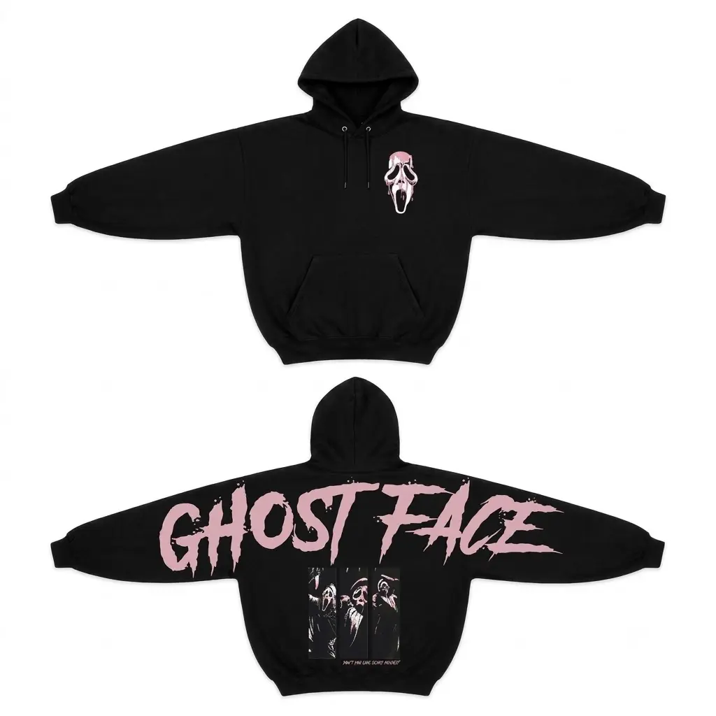 Ghost Face Scream Inspired Hoodie and Sweatshirt, Woodsboro Horror Vintage Slasher Movie Graphic Pullover, Halloween Two-Sided Sleeve Print
