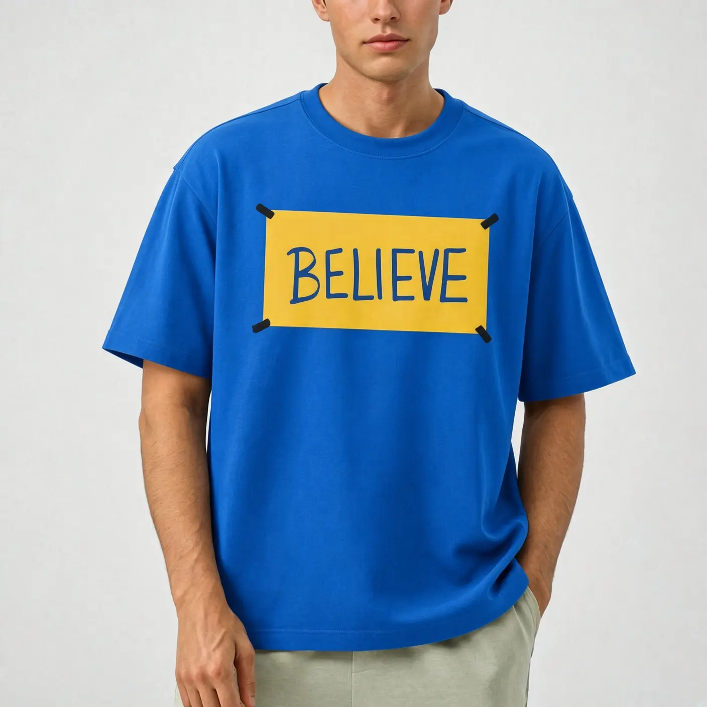 Ted Lasso Believe Sign Print Oversized Tee, Statement Quote Slogan Streetwear Ribbed Crew Neck Pure Cotton Short Sleeve Unisex T-Shirt