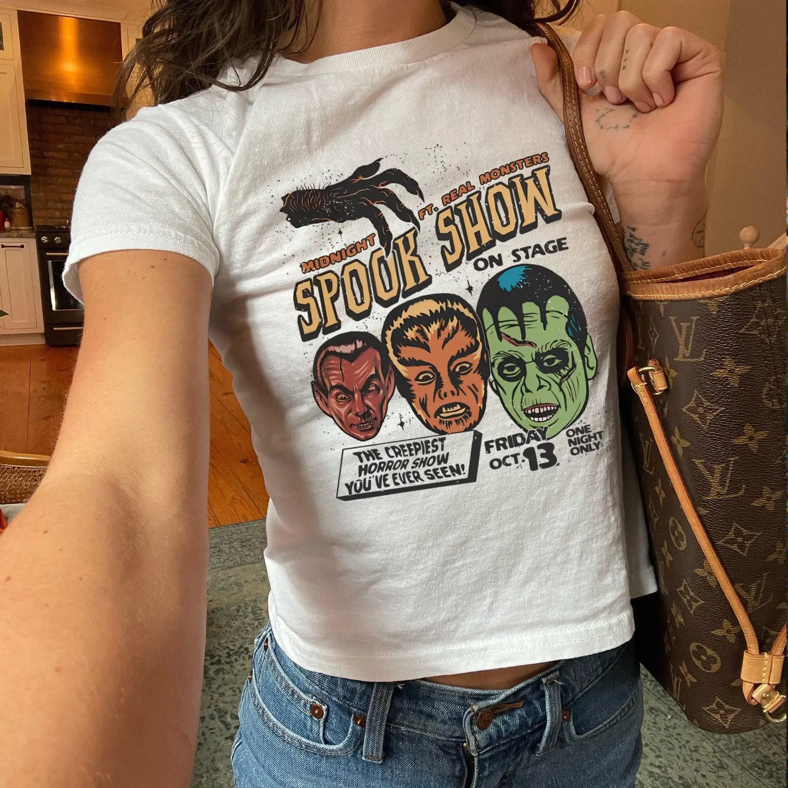 Spook Show 90s Baby Tee, Vintage Halloween Summerween Cult Classic Horror Monster Mash Frankenstein Fright Night Grunge Top