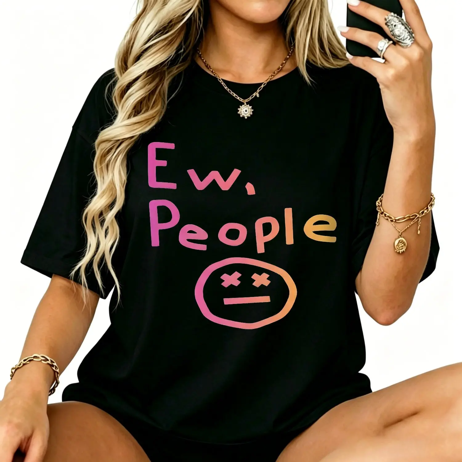 Ew People Funny Introvert Graphic Tee, Sarcastic Smiley Face Humor Vintage Inspired T-Shirt, Plus Size Washed and Classic Unisex Casual Top