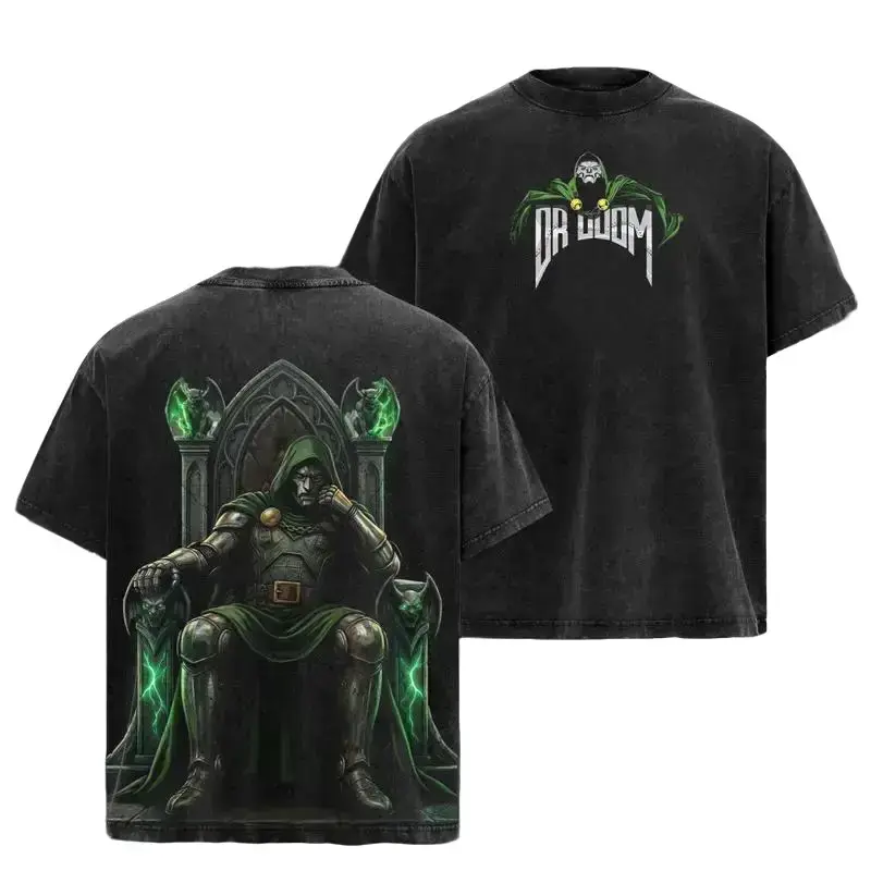 Dr Doom on Throne Supervillain Comic Graphic Tee, Vintage Acid Washed Double-Sided Print Heavy Cotton Relaxed Fit Oversized Streetwear T-Shirt