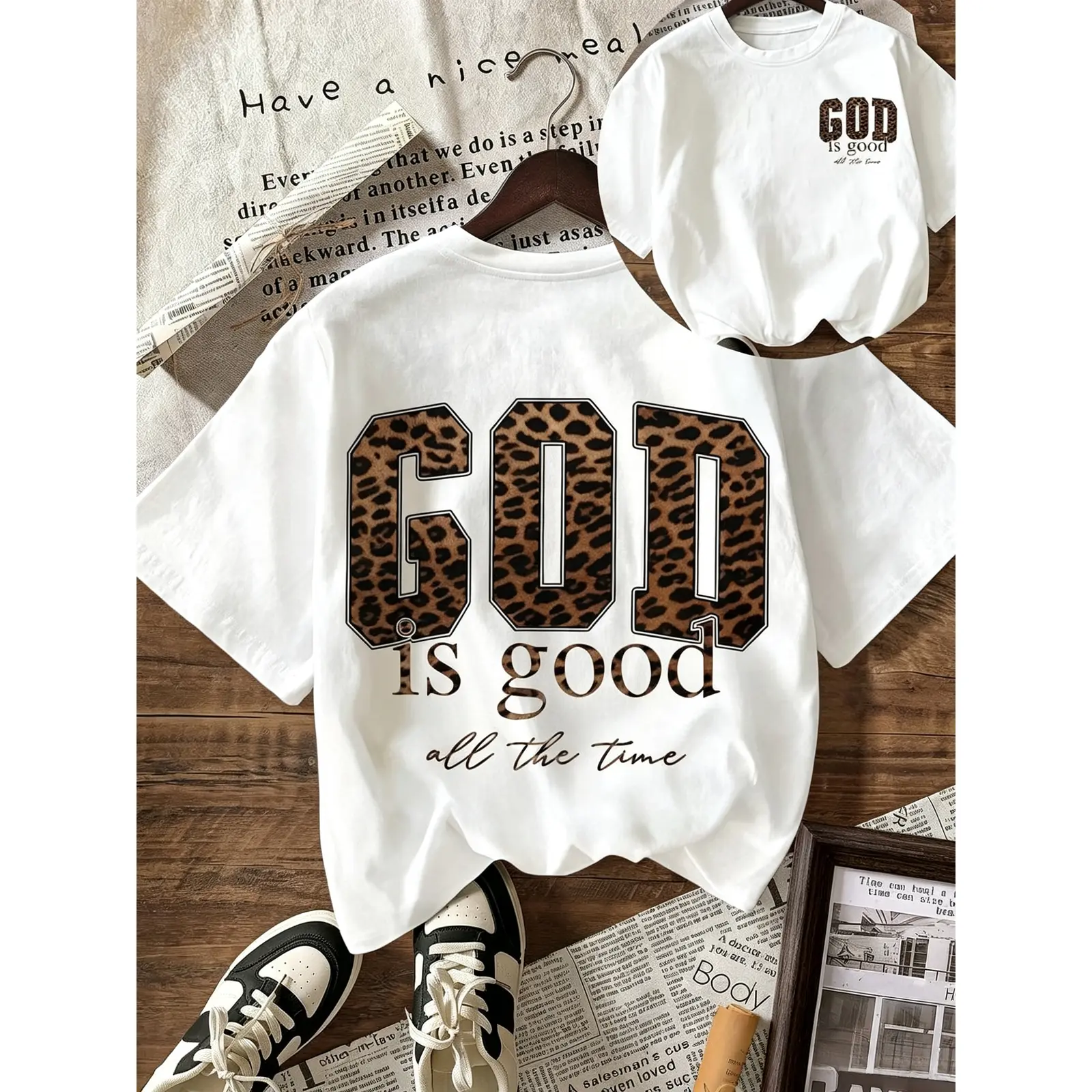 God Is Good All The Time Leopard Print Christian Faith Graphic Tee, Vintage Washed or Classic Front and Back T-Shirt, Hoodie and Sweatshirt