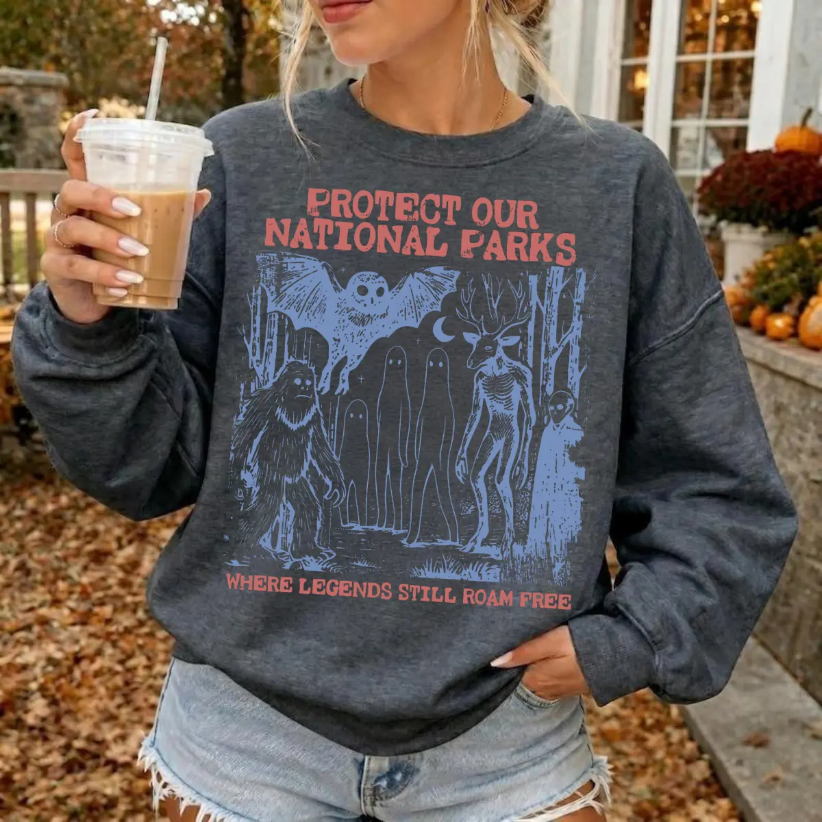 Protect Our National Parks Cryptid Sweatshirt, 90s Vintage Bigfoot Mothman Where Legends Still Roam Free Camping Hiking Crewneck