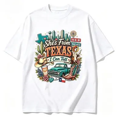 She's From Texas I Can Tell Western Graphic Tee, Cowgirl Boots Cactus Vintage Truck Print Women's Oversized Vintage Wash Cotton T-Shirt
