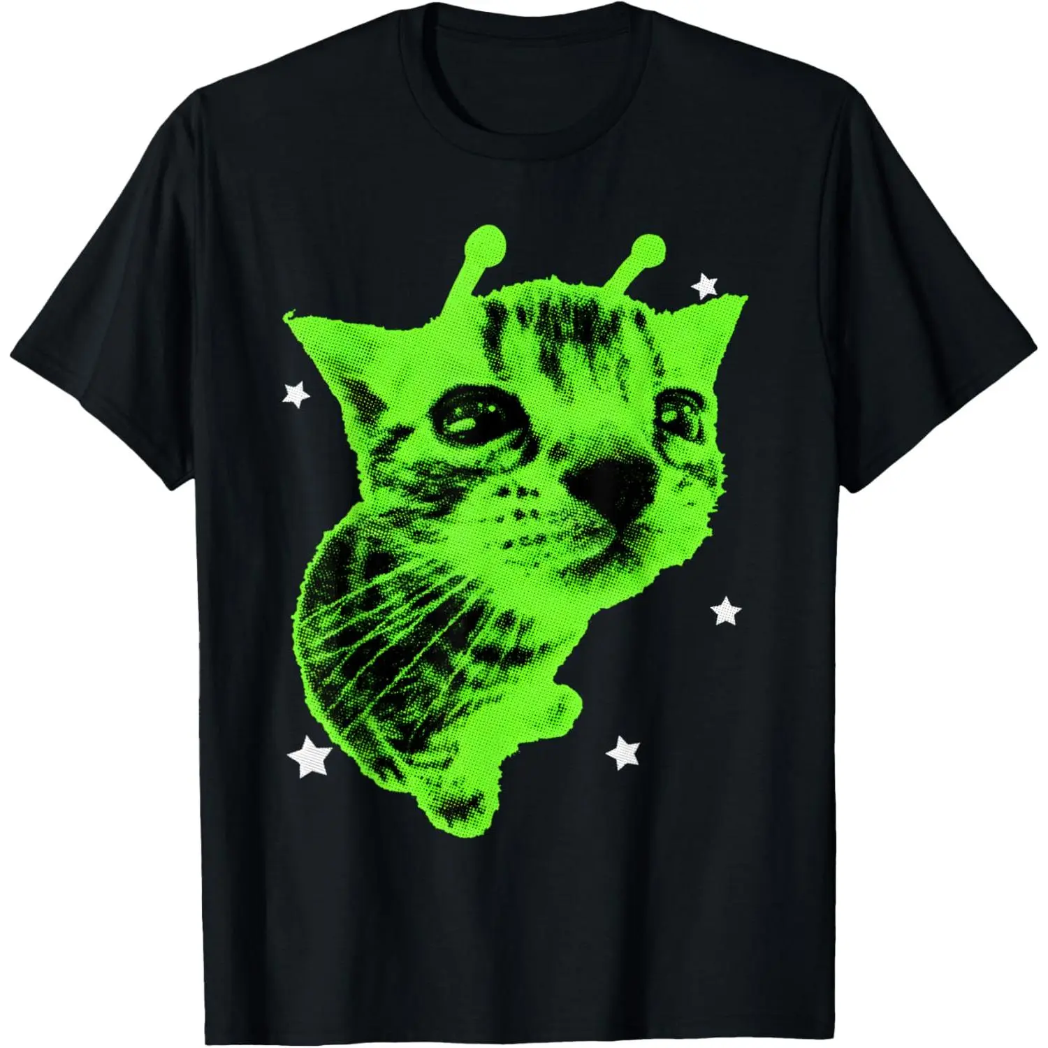 Y2K Alien Cat Meme Retro Silly Cat Vintage Space Kitty Funny T-Shirt, Neon Green Kitten Antenna Graphic Black Unisex Novelty Tee