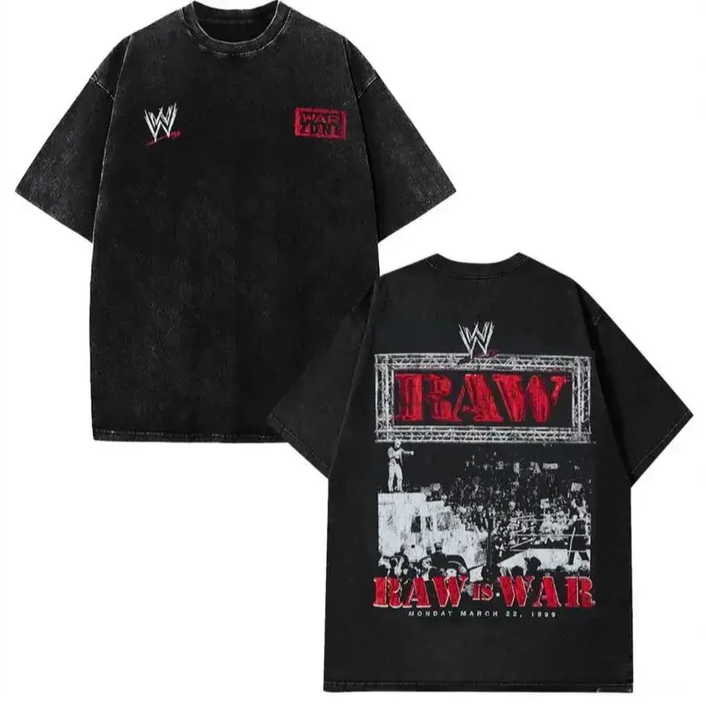 WWE RAW Is War Legends Vintage Washed Double-Sided Graphic Tee, Retro Wrestling Heavyweight Oversized T-Shirt, Urban Streetwear Casual Top