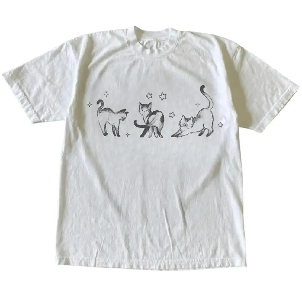 Minimal Cat Sketch T-Shirt, Cat Lover Animal Graphic Tee, Unisex Vintage Gothic Grunge Y2K Emo Scene Amity Affliction Style Streetwear Shirt