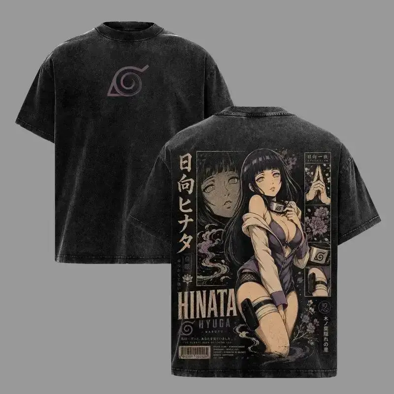 Hinata Hyuga Byakugan Naruto Anime Graphic Tee, Vintage Washed 90s Oversized Back Print T-Shirt, Hidden Leaf Symbol Unisex Streetwear