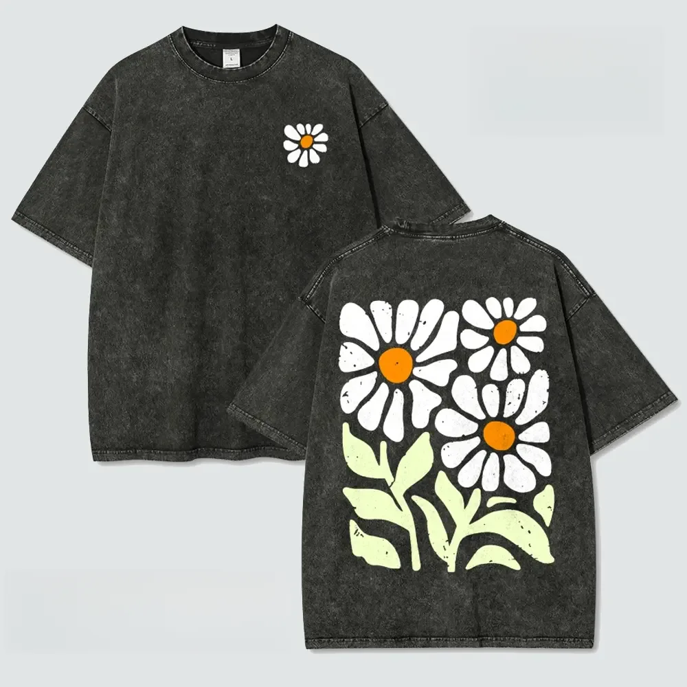Retro Daisy Floral Front and Back Print Graphic Tee, Vintage Washed Oversized Cotton T-Shirt, Unisex Casual Round Neck Menswear Top