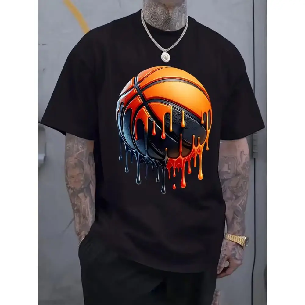 Melting Basketball Drip Graphic Tee, Streetwear Dripping Paint Basketball Design Stretchy Crew Neck Men's T-Shirt for Basketball Fans