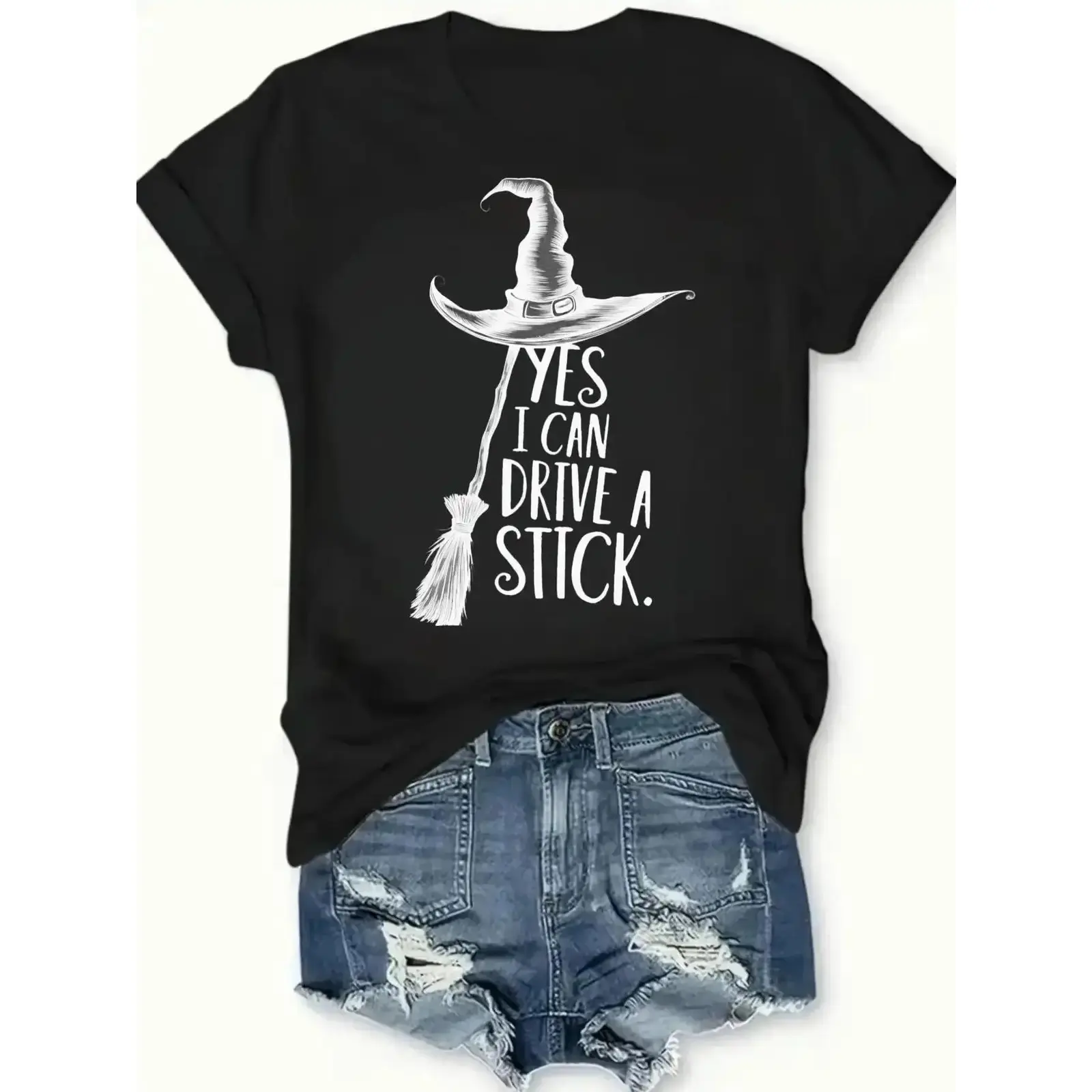 Yes I Can Drive a Stick Witch Hat and Broom Graphic Tee, Funny Halloween Witchy Oversized Casual Women's T-Shirt