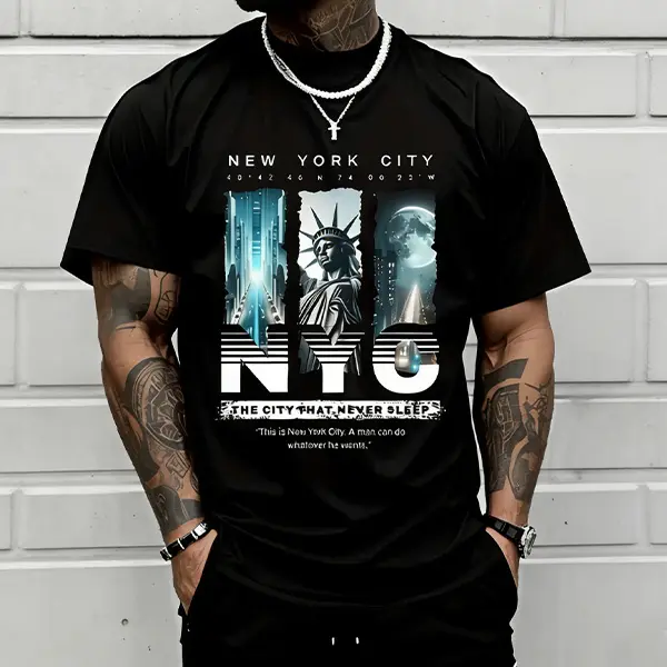 New York City NYC The City That Never Sleeps Statue of Liberty Graphic Tee, Eternal City Skyline Print Streetwear Relaxed Fit Cotton T-Shirt