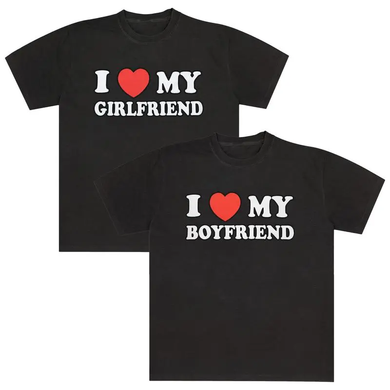 I Love My Boyfriend I Love My Girlfriend Red Heart Graphic T-Shirt, Valentine's Day Matching Couple Tee, Casual Unisex Streetwear Crew Neck Top