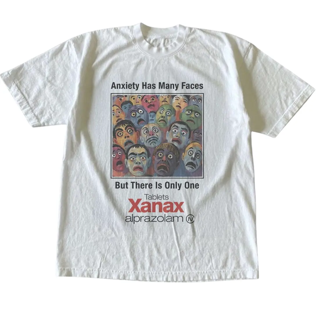 Xanax Anxiety Has Many Faces Funny Y2K Promo Graphic Tee, Vintage Gothic Grunge Emo Scene Amity Affliction Style Unisex T-Shirt