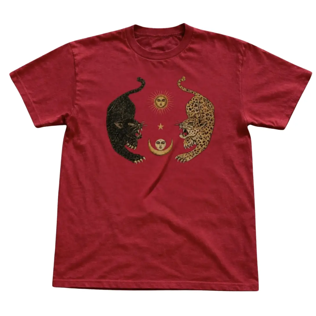 Black Leopard and Gold Leopard Facing Each Other Sun and Moon Graphic Tee, Gothic Grunge Y2K Emo Scene Amity Affliction Style Vintage T-Shirt
