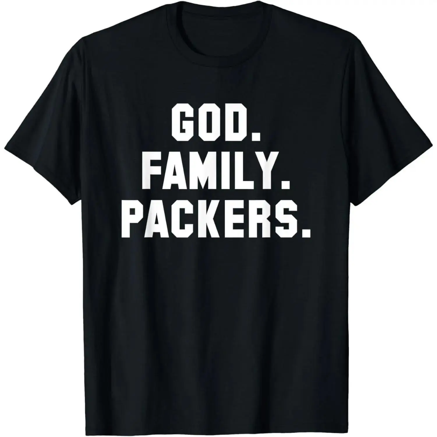 God Family Packers T-Shirt, Green Bay Football Fan Bold Text Print Unisex Tee, Casual Round Neck Short Sleeve 100% Cotton Everyday Streetwear