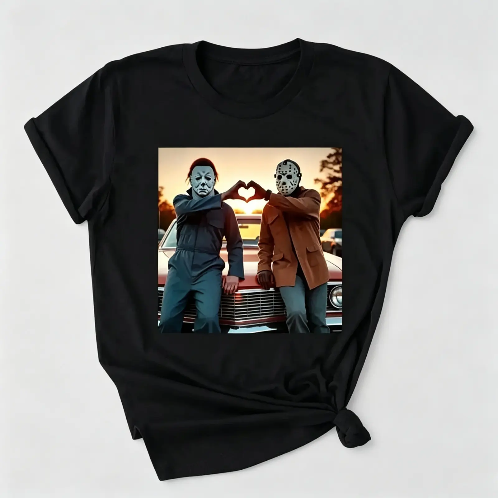 Michael Myers and Jason Heart Hands Vintage Horror Movie Graphic Tee, Friday the 13th Halloween Retro Print Unisex Cotton T-Shirt