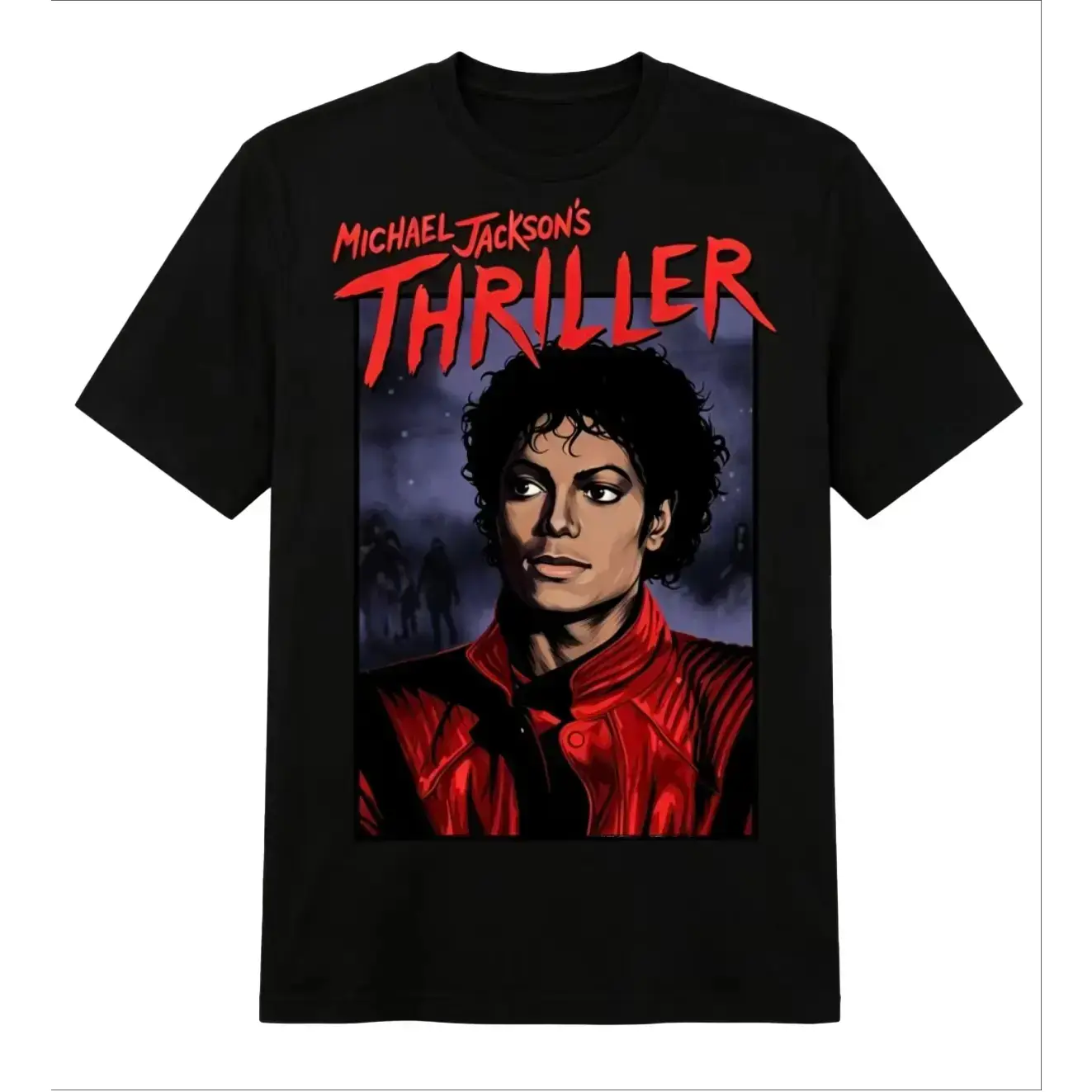 Michael Jackson Thriller Vintage Graphic Tee, Retro 80s King of Pop Red Jacket Portrait Album Art Print Unisex Short Sleeve T-Shirt