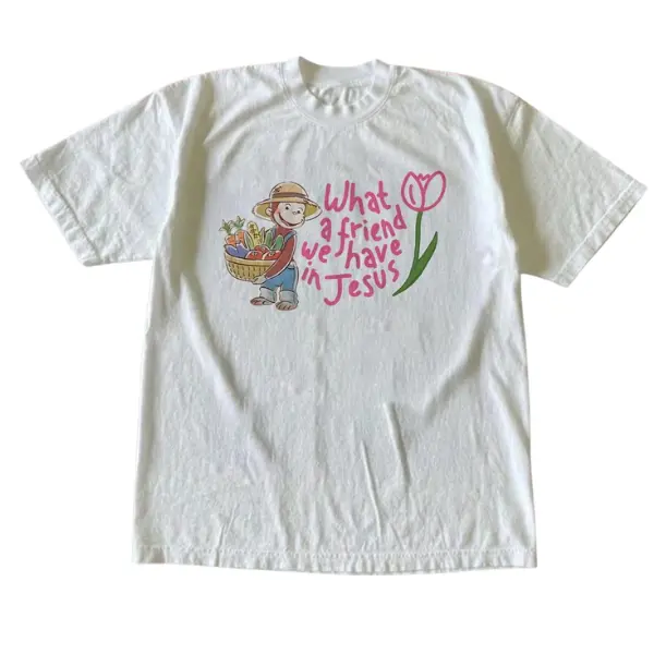 Monkey Jesus What a Friend We Have in Jesus Graphic Tee, Christian Faith Cute Cartoon T-Shirt, Vintage Religious Y2K Unisex White Shirt