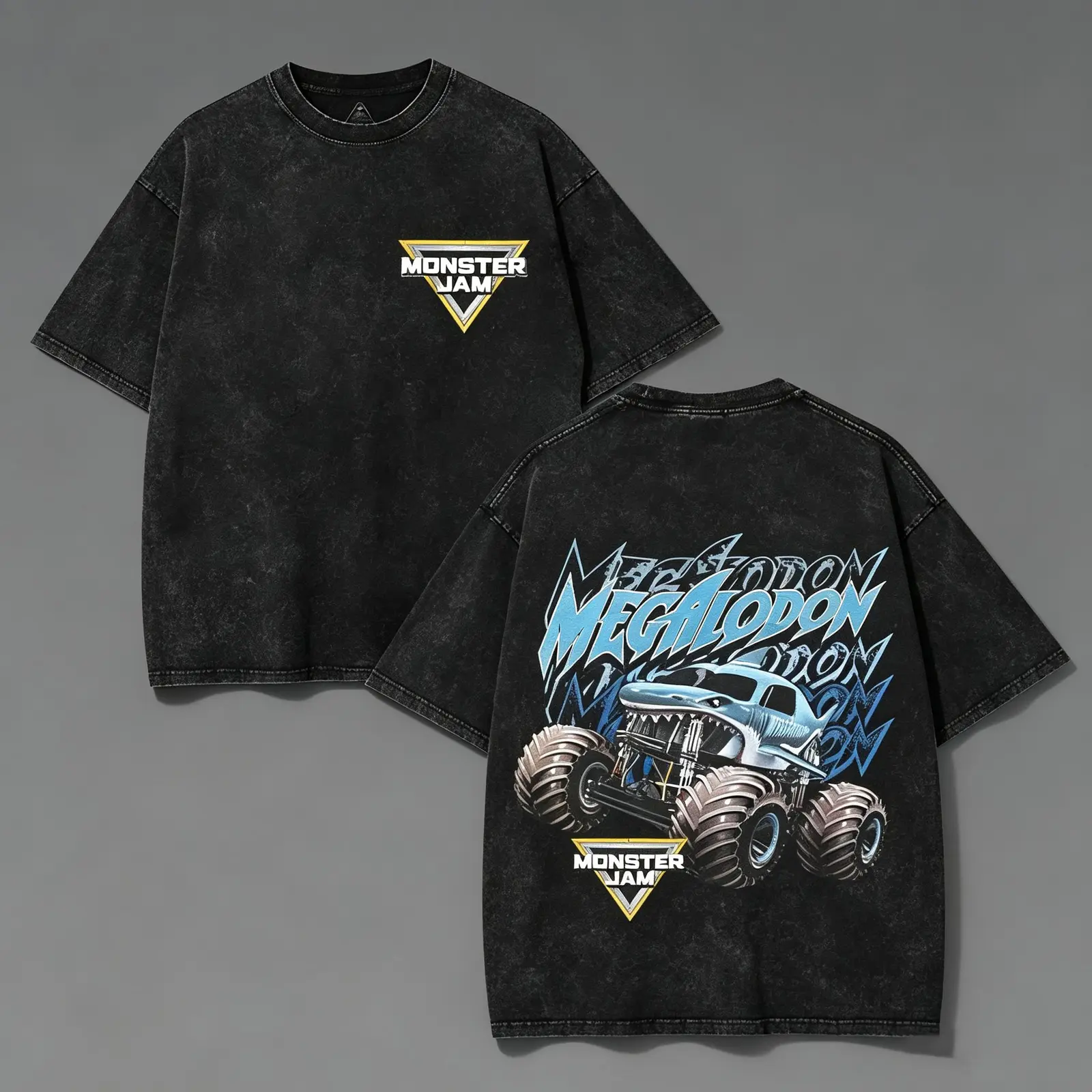 Monster Jam Monster Truck Graphic Tee, Grave Digger El Toro Loco Megalodon Sparkle Smash Double-Sided Print, Vintage Washed Oversized T-Shirt