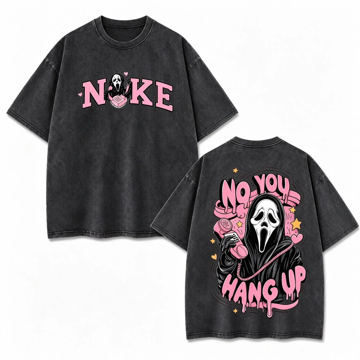 No You Hang Up Ghostface Parody Halloween Horror Graphic Tee, Vintage Acid Wash Front and Back Print Creepy Cute Y2K Streetwear Unisex T-Shirt