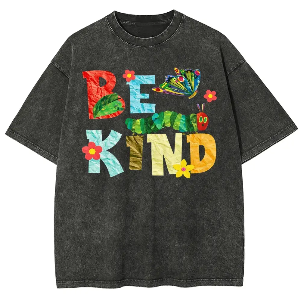 Be Kind Butterfly Floral Collage Print Retro Graphic Tee, Vintage Washed 100% Cotton Oversized T-Shirt, Y2K Streetwear Summer Unisex Top
