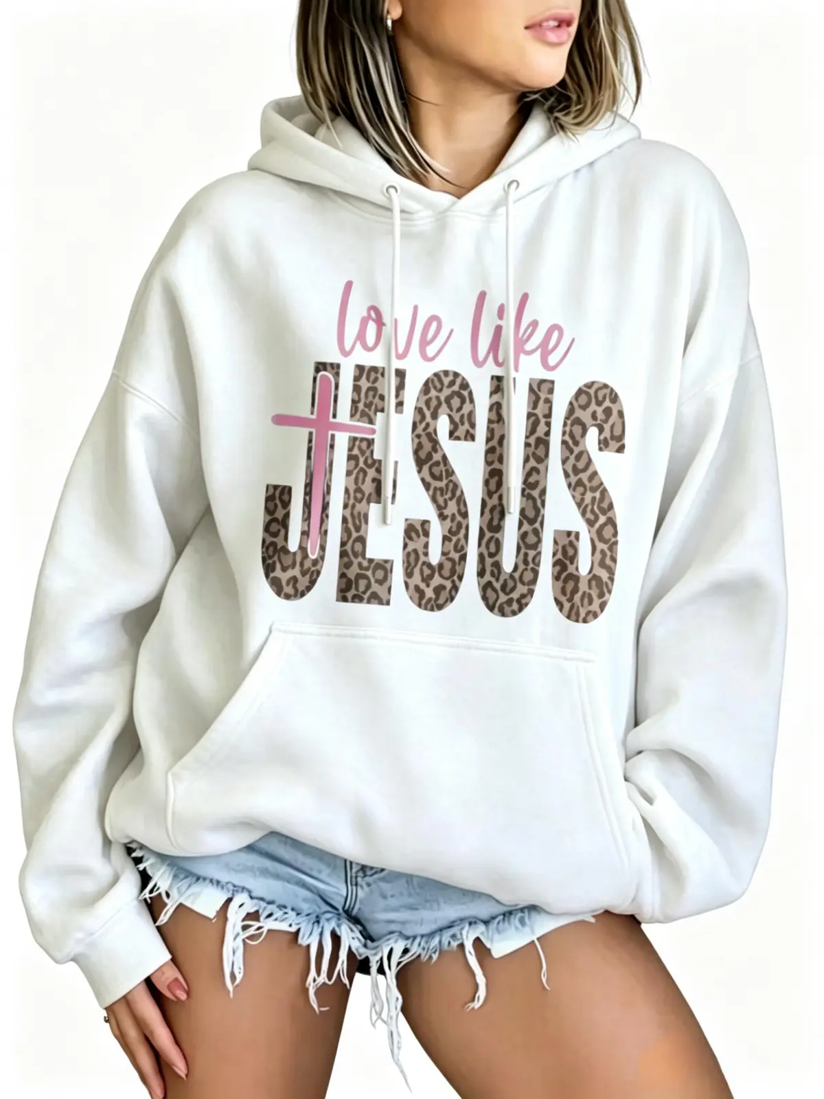 Love Like Jesus Leopard Print Christian Hoodie, Faith and Inspirational Message Slogan Cute Casual Fall Church Oversized Pullover Hoodie