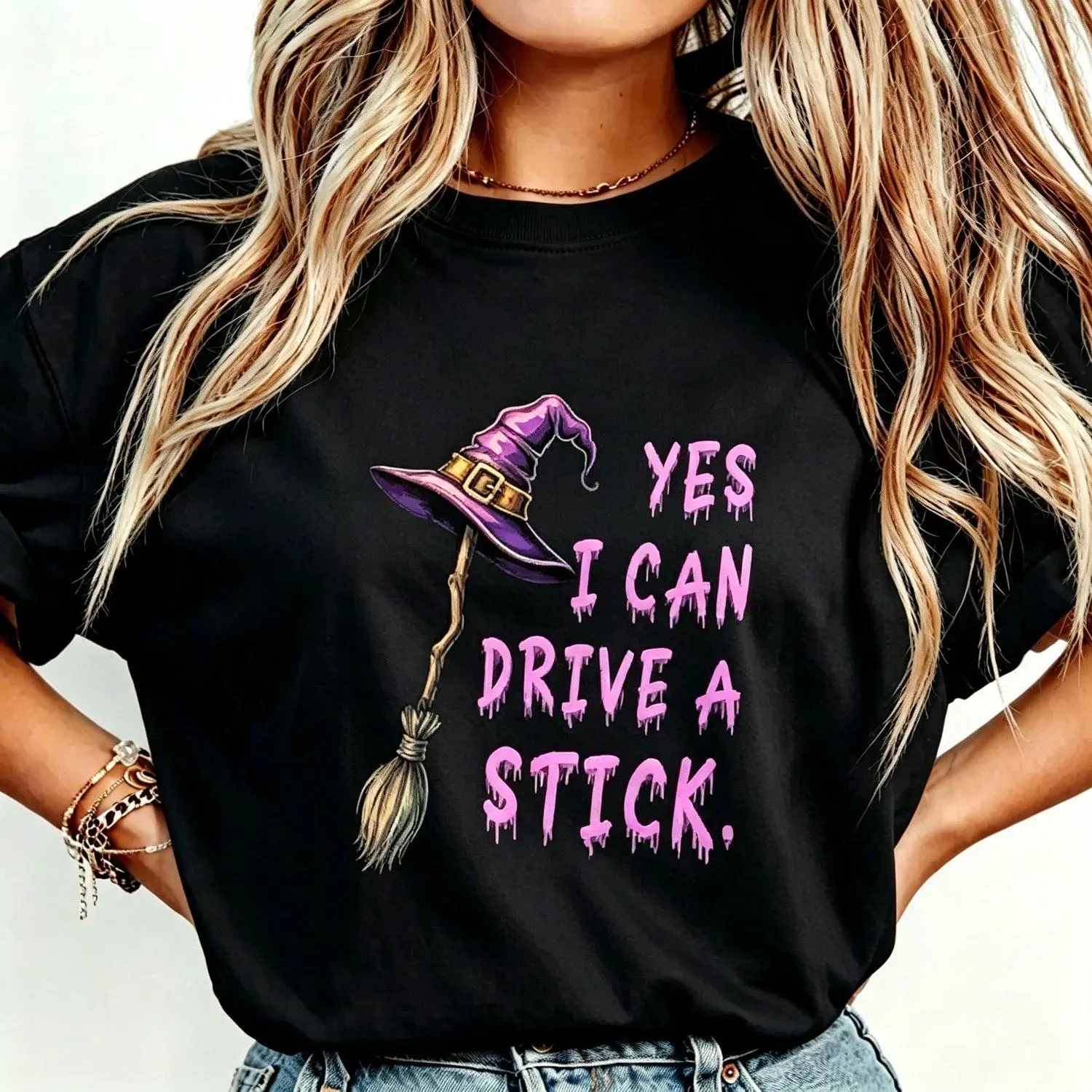 Yes I Can Drive a Stick Funny Witch Hat and Broom Halloween Graphic Tee, Spooky Season Quote T-Shirt for Women, Casual Cotton Streetwear Top