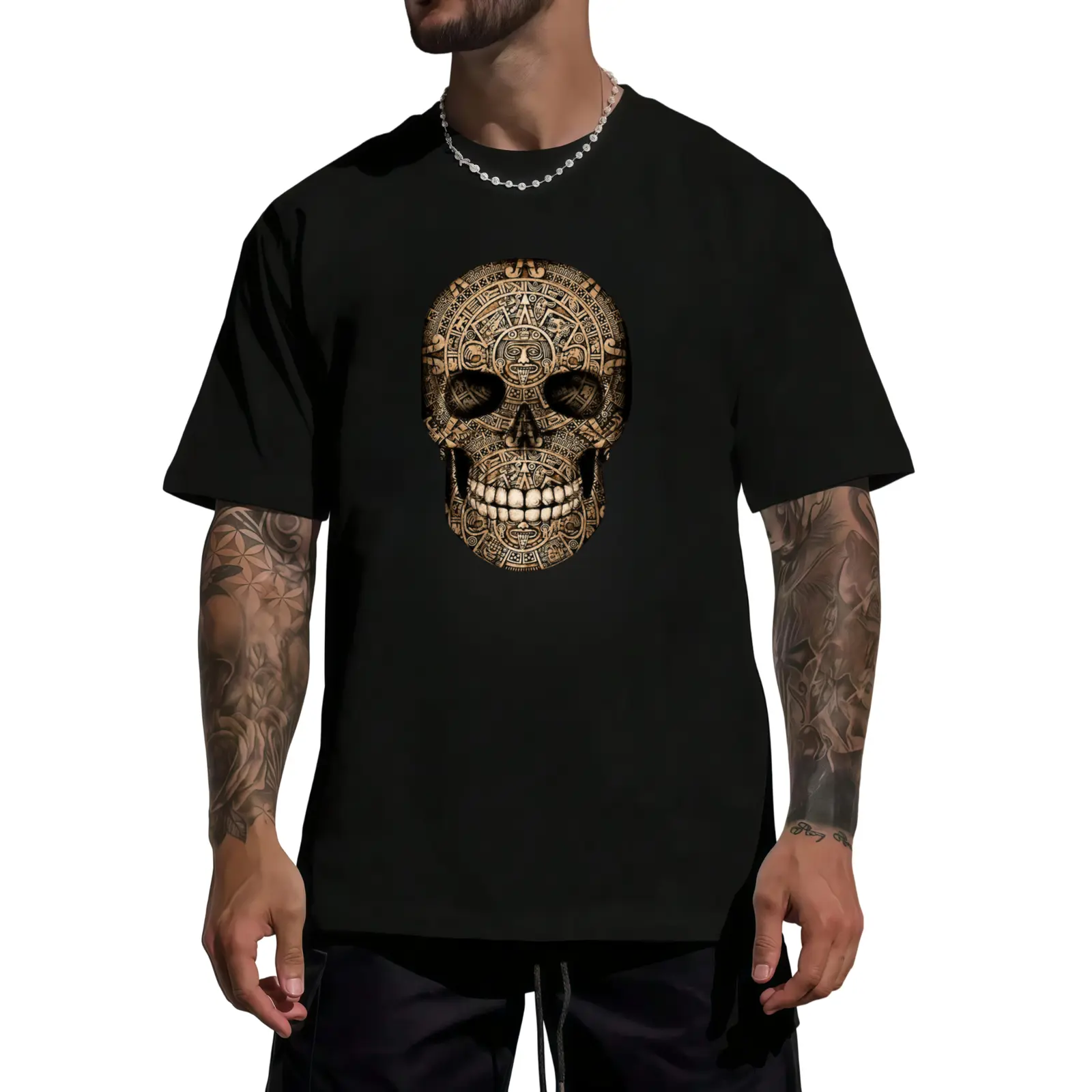 Mexican Skull Western Aztec Print Graphic Tee, Chicano Style Streetwear Skull Shirt, Washed Vintage Medium Heavy Cotton Men's T-Shirt