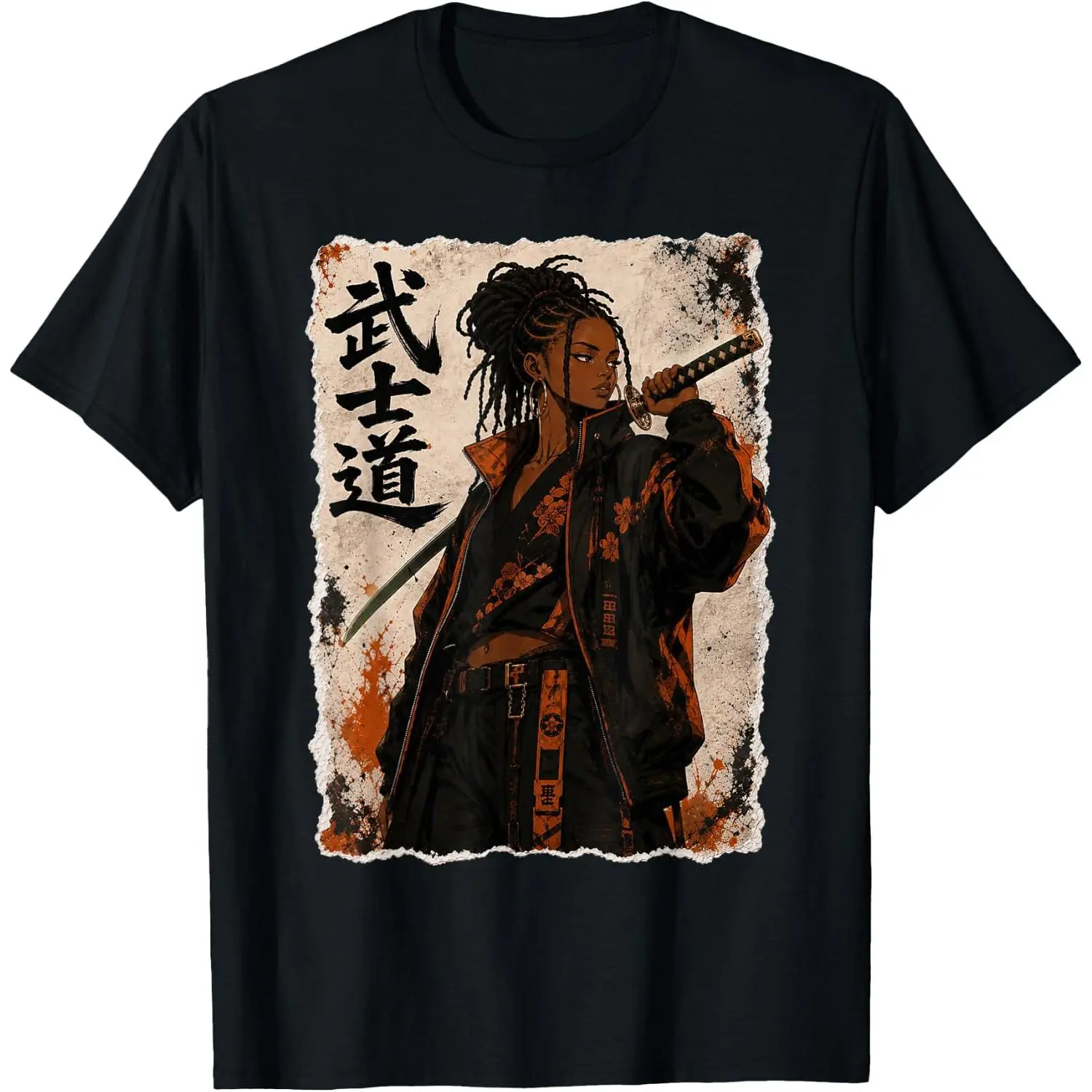 Afro Samurai Woman Warrior Bushido Japanese Black Anime Girl Graphic Tee, Vintage Kanji Manga Art Print 100 Percent Cotton Unisex T-Shirt
