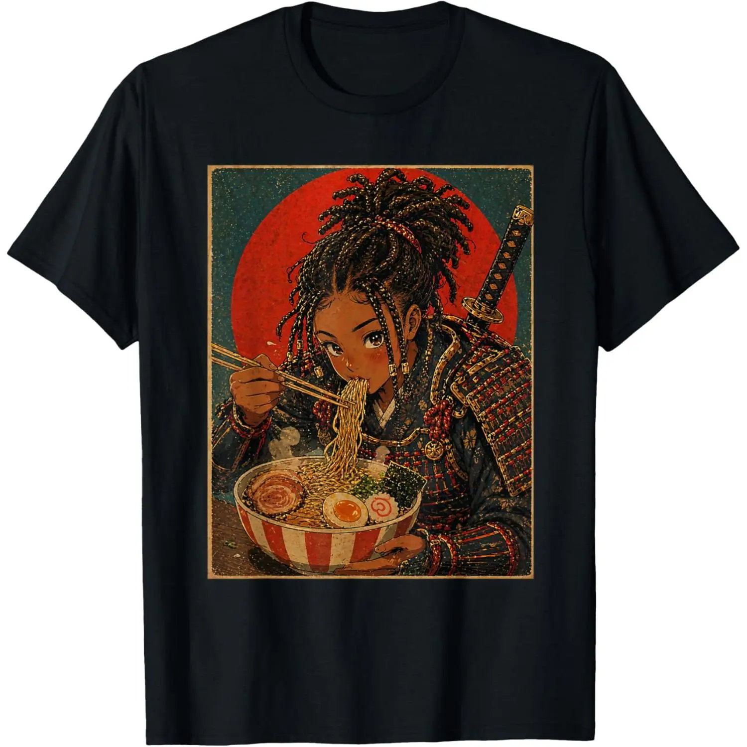 Black Anime Girl Samurai Eating Ramen Japanese Art Graphic Tee, Retro Red Sun Manga Illustration Unisex 100 Percent Cotton Crew Neck T-Shirt