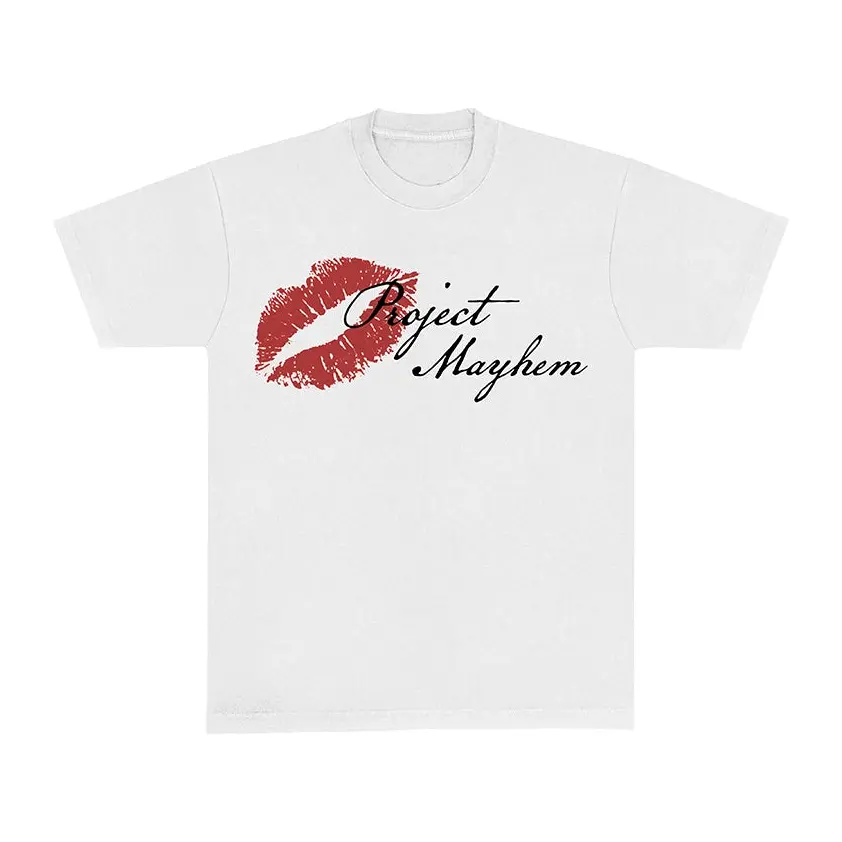 Project Mayhem Red Lipstick Kiss Graphic Tee, Vintage Retro Cool Meme Funny Quote Script Print Oversized Relaxed Fit Unisex Streetwear T-Shirt