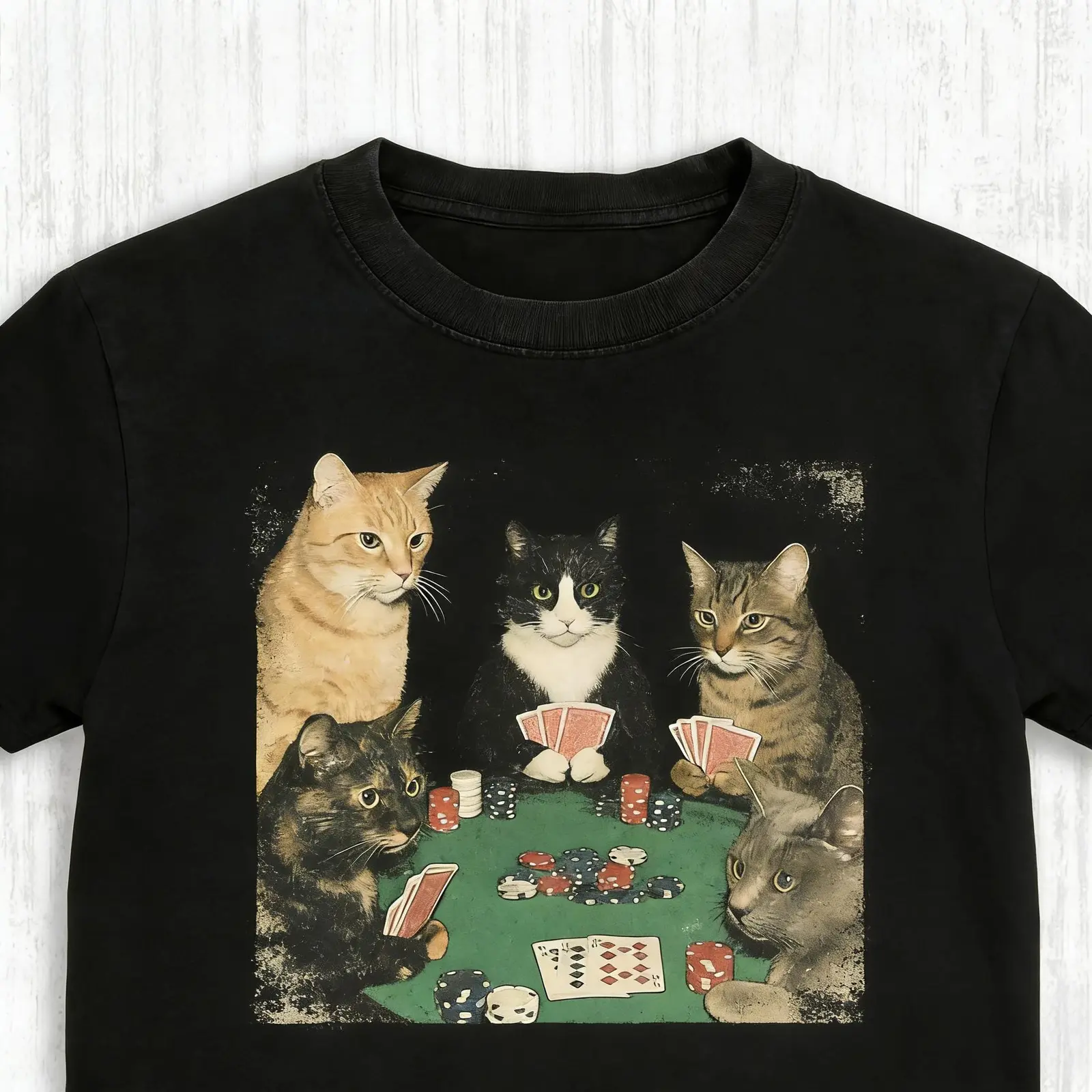 Royal Flush Felines Funny Cat Poker Graphic Tee, Vintage Cats Playing Cards Art Print Retro Animal Streetwear Unisex Cotton T-Shirt