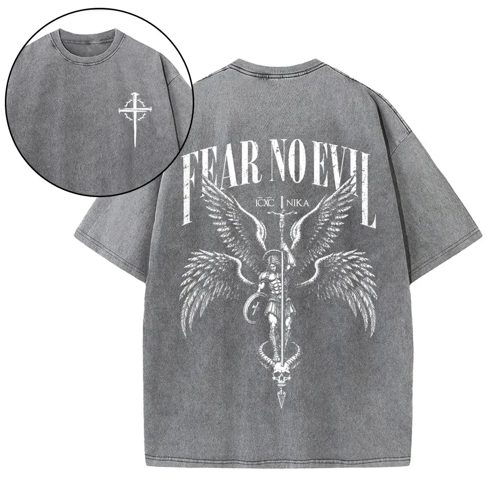 Fear No Evil Archangel Saint Michael IC XC NIKA Christian Cross Front and Back Vintage Washed Tee, Retro Dark Faith Hoodie Sweatshirt