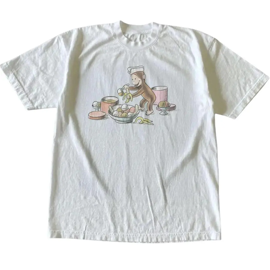Curious George Ice Cream and Banana Graphic Tee, Vintage Cartoon Print Crewneck T-Shirt, Gothic Grunge 2000s Emo Unisex Streetwear Shirt
