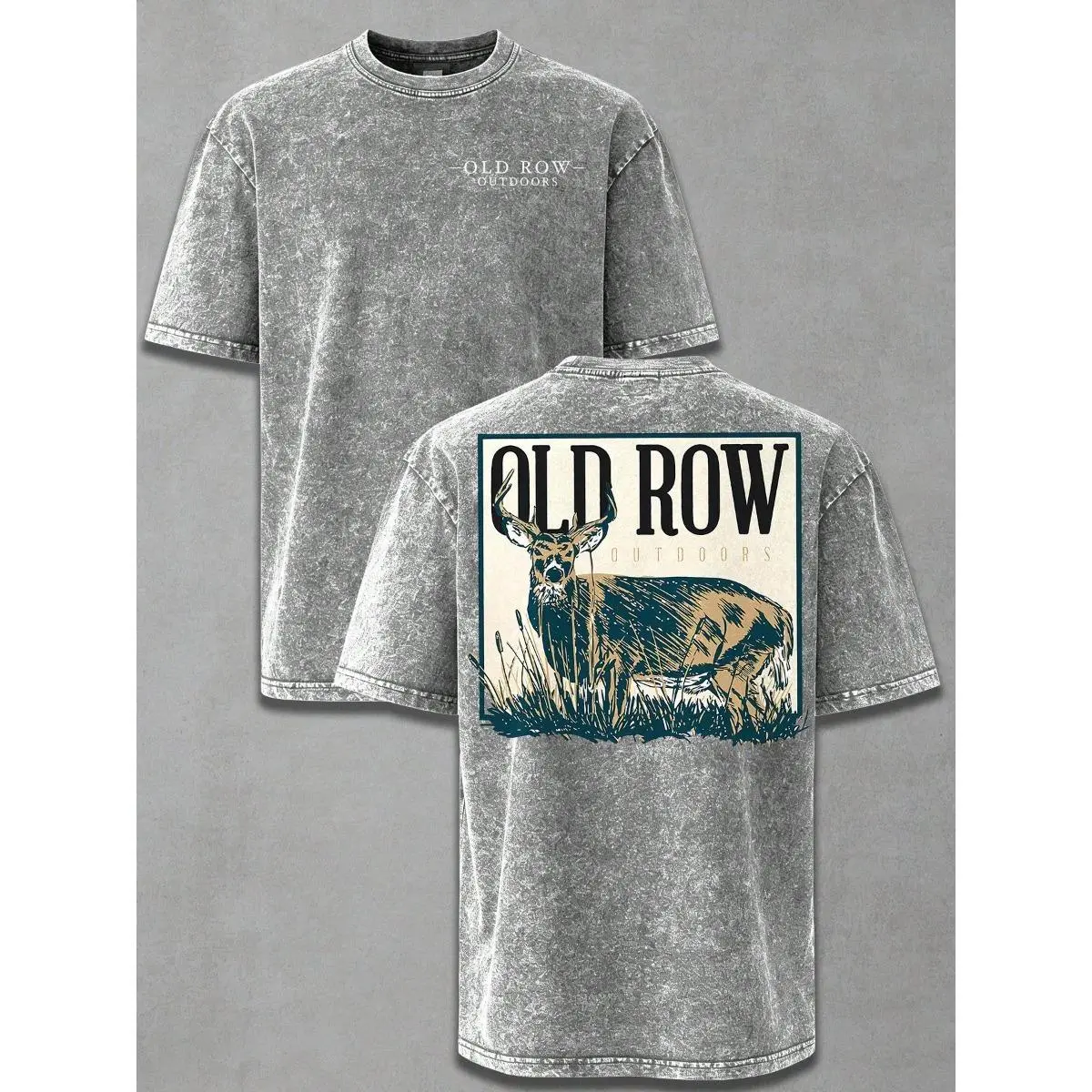 Old Row Outdoors Vintage Washed Deer Hunting Graphic Tee, Retro Wilderness Front and Back Print Heavyweight Oversized Hiking T-Shirt